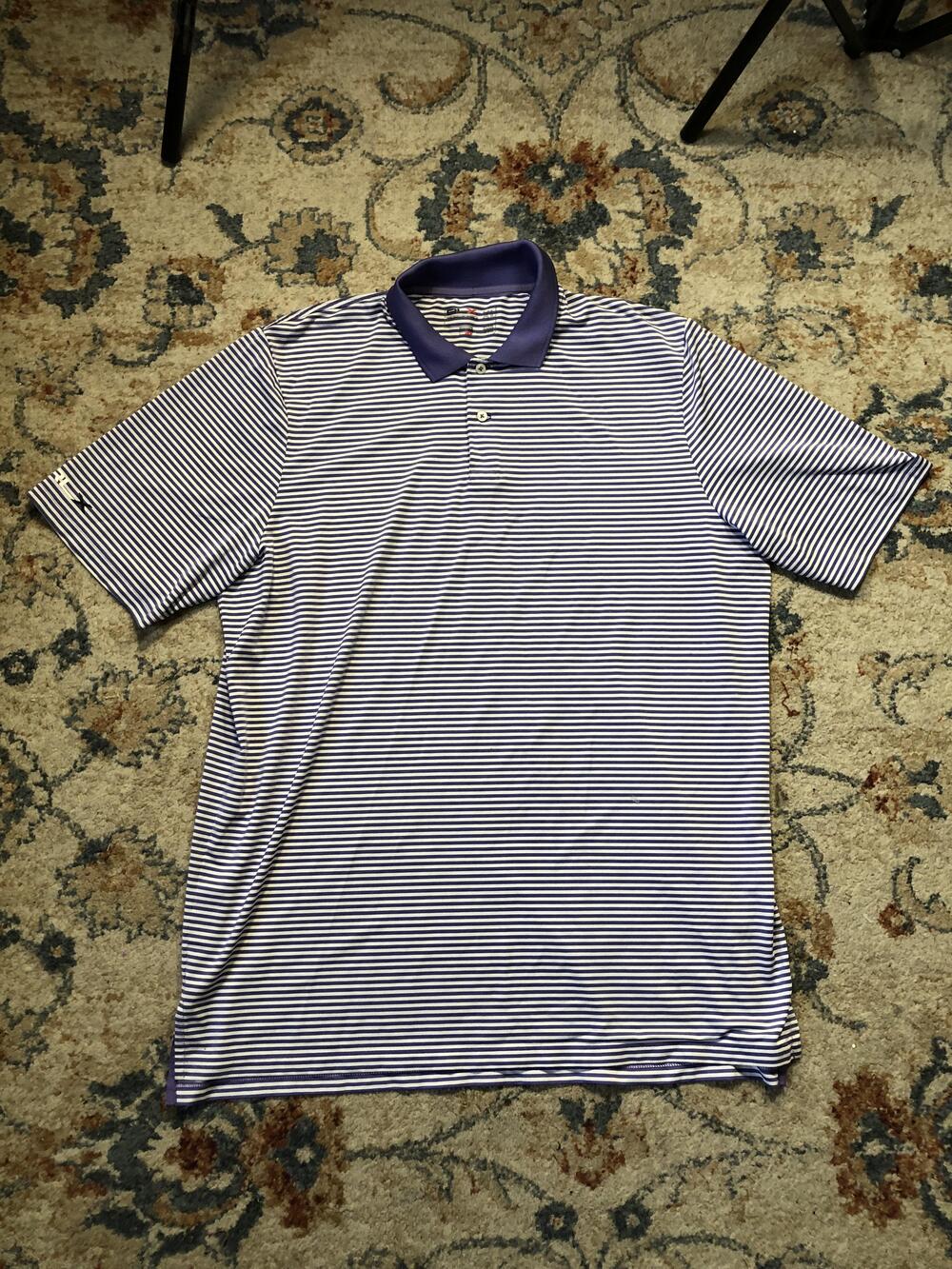 Ralph Lauren RLX Polo Shirt Mens XL Purple White Striped Golf Performance Tech